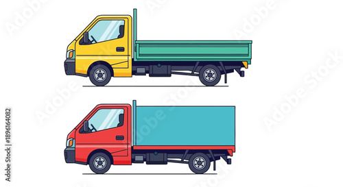 Illustration of two different colored utility trucks yellow and red in profile