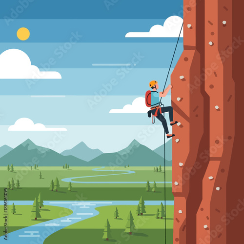 Man Rock Climbing on Orange Cliff Face, Scenic Mountain Landscape Background