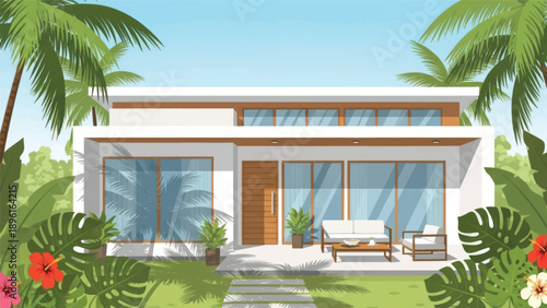 Modern tropical villa with glass walls and lush garden setting.