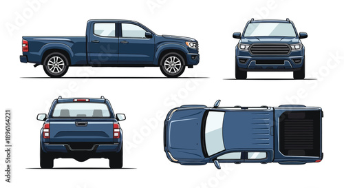 Detailed illustration of a dark blue pickup truck from multiple perspectives