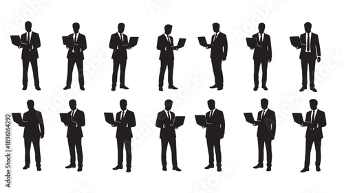 Silhouetted business professionals in various poses holding tablets and smartphones in a grid layout from multiple viewpoints