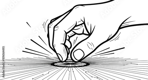 Close-up hand pressing a button with radiating lines indicating action or activation in a sketch style