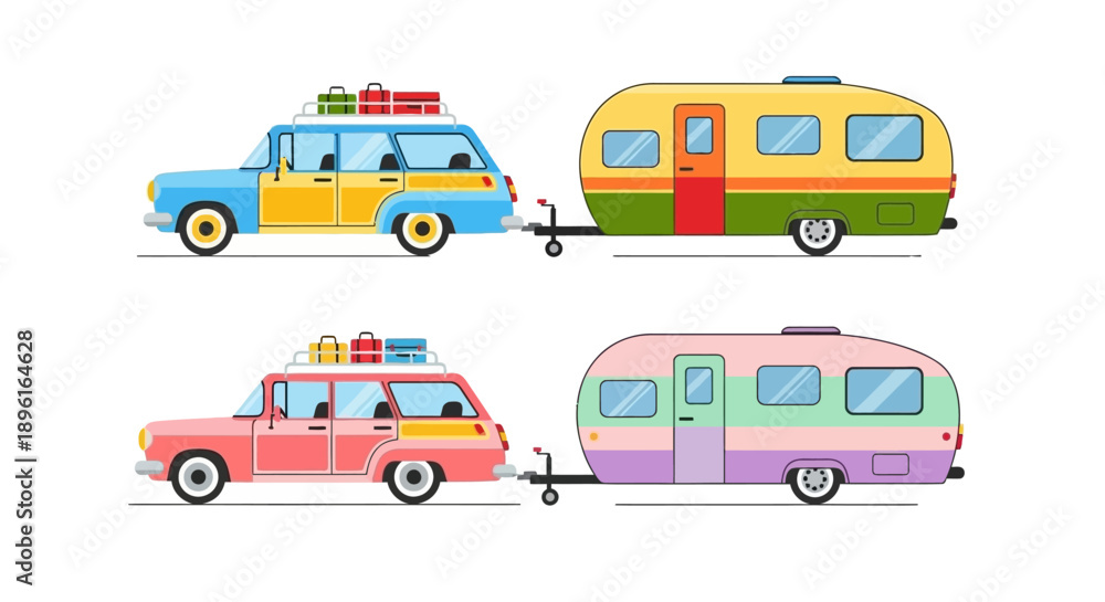 Fototapeta premium Colorful vintage cars towing retro campers a playful travel illustration