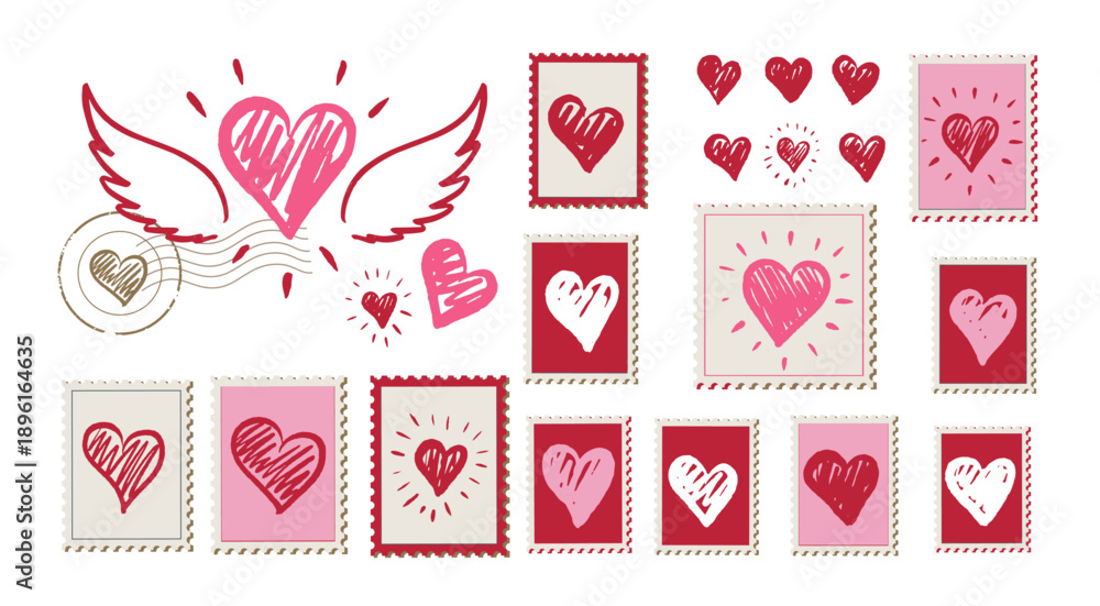 Fototapeta premium Collection Stamps of Hand-Drawn Valentine's Day Heart 