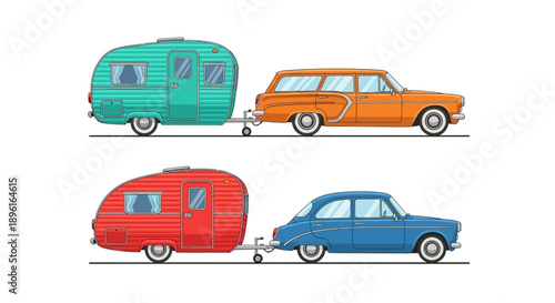 Retro cars with trailers a colorful illustration of vintage travel styles