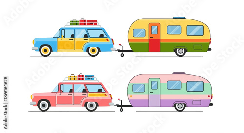 Colorful vintage cars towing retro campers a playful travel illustration