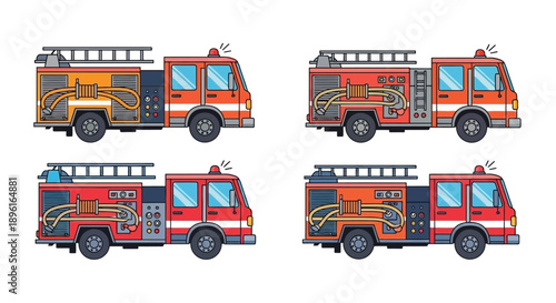 Pixel art illustrations depicting a classic red and orange fire truck multiple views