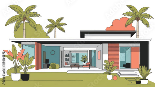 Modern single-story residence featuring palm trees, landscaped garden, and clean architectural lines.