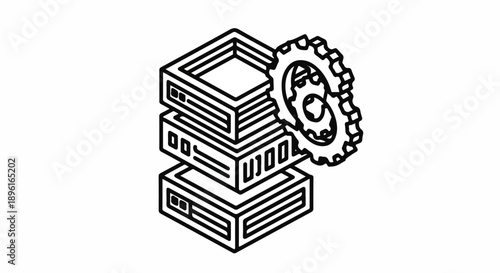 Server stack with cogwheel icon representing data management, IT infrastructure, and system processing. Outline vector illustration for technology solutions.