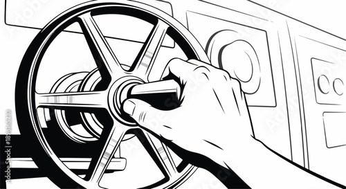 Detailed black and white illustration of a human hand precisely turning a large spoked control wheel on industrial machinery, symbolizing adjustment and operation.