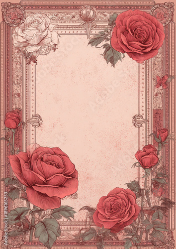 Elegant Pastel Red Rose Vintage Border with Festive Chinese New Year Details