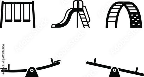 Playground equipment icon set, swing slide tunnel seesaw symbols, children park play illustration, black isolated outline vector