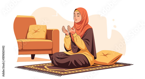 Muslim Woman in Hijab Praying at Home on Prayer Mat, Peaceful Devotion