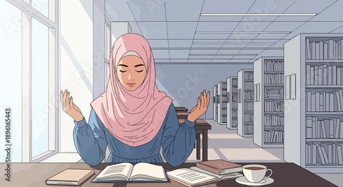Muslim student in hijab studying and praying in library, desk with books and coffee