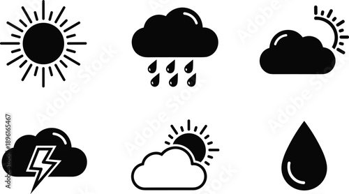 Weather icon silhouette set, sun cloud rain lightning symbols, minimal forecast illustration collection, black isolated meteorology icons