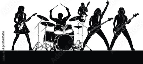 Rock band silhouette performance illustration, musicians playing guitar bass and drums, live concert music concept, black isolated figures