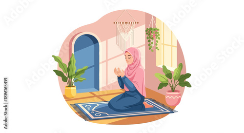 Muslim woman in hijab praying at home, peaceful Islamic devotion and spirituality