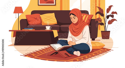 Muslim woman in hijab reading book on floor in cozy living room, flat design
