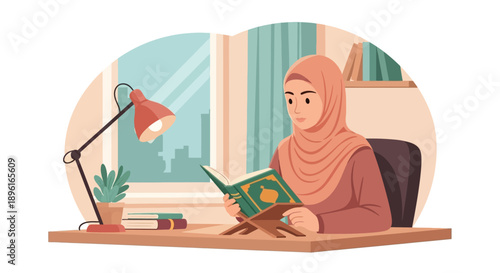 Muslim woman in hijab reading Quran at desk with lamp and books