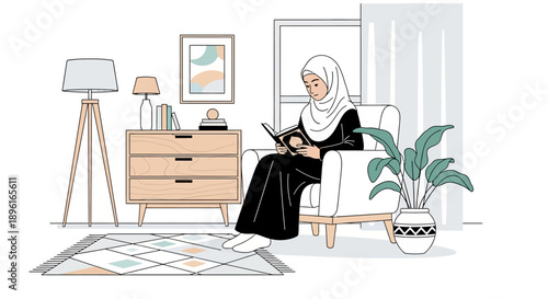Muslim woman in hijab reading book in cozy living room, flat illustration