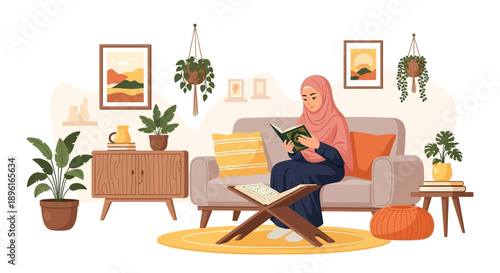 Muslim woman in hijab reading Quran at home, serene interior, plants, cozy lifestyle illustration.