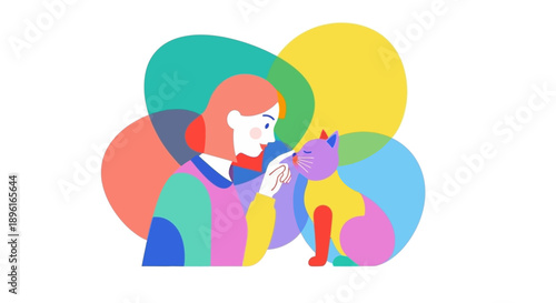 a girl and her cat sitting together in a colorful background