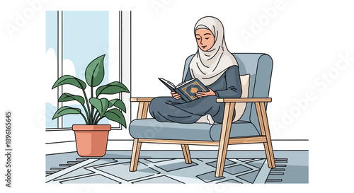 Muslim woman in hijab reading Quran in comfortable armchair at home