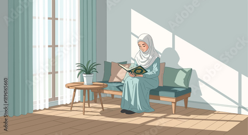 Muslim woman in hijab reading Quran on sofa, peaceful home interior with sunlight
