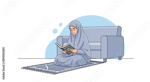 Muslim Woman Praying and Reading Quran at Home