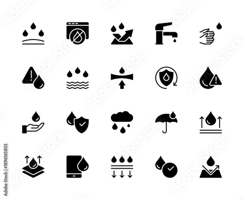 Waterproof related vector silhouette icons set. Contains such icons as electronics protection, sealed, leak, splashproof and more.