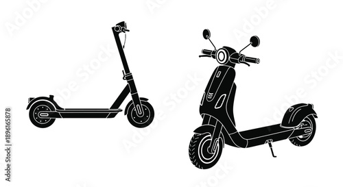 Two views of a modern electric scooter side and front perspectives shown