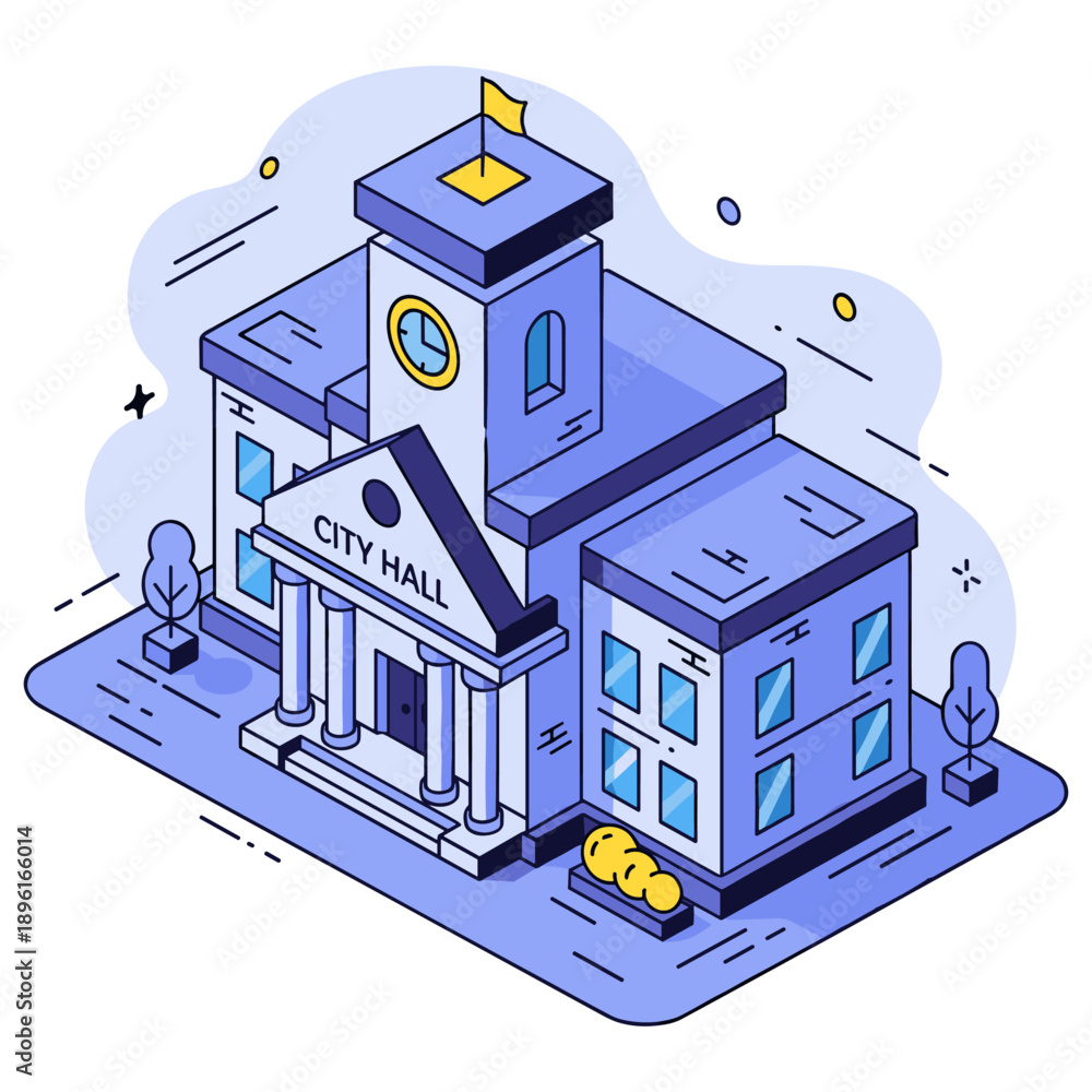 Fototapeta premium Isometric illustration of a modern city hall building with flag. No editable stroke