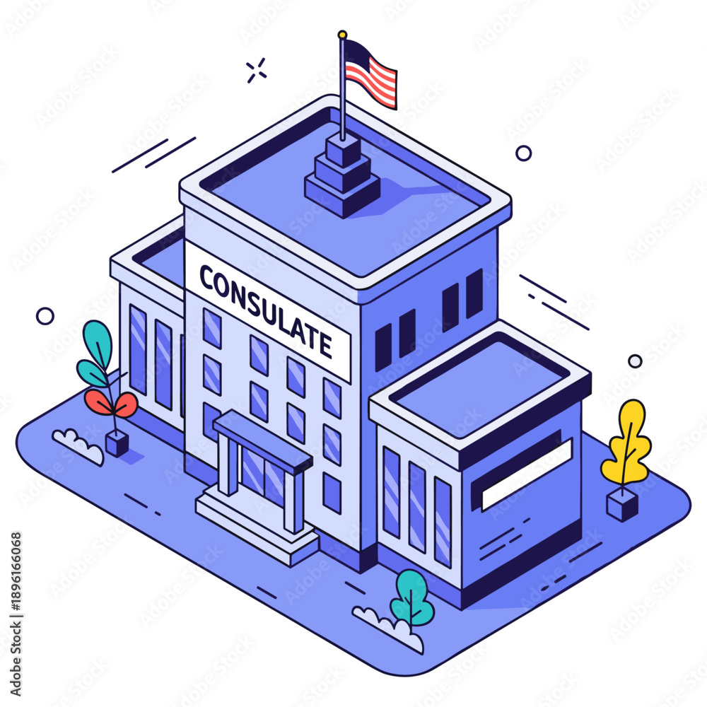 Fototapeta premium Isometric illustration of american consulate building with flag. No editable stroke