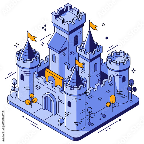 Isometric medieval castle illustration with flags and towers on white background. No editable stroke