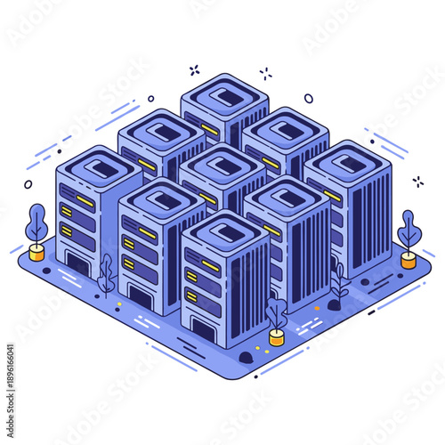 Isometric grid of blue data centers with simplistic design and minimalist trees. No editable stroke