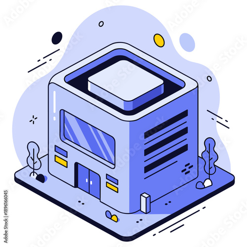 Modern isometric building with geometric design and abstract surroundings. No editable stroke