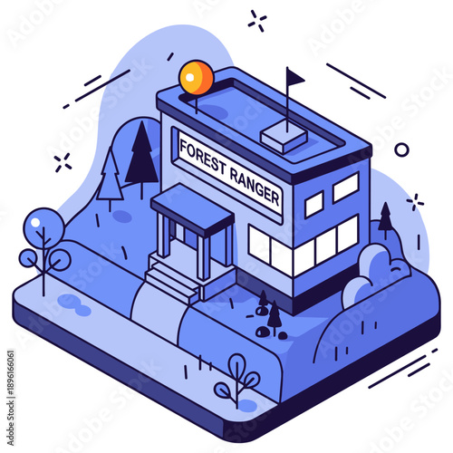 Isometric forest ranger station in blue tones with trees and nature elements. No editable stroke