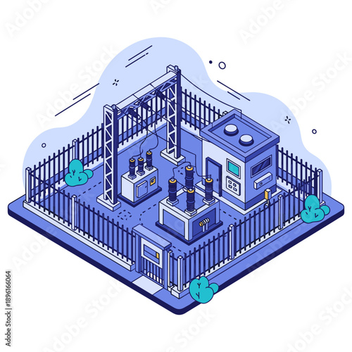Isometric illustration of industrial substation with equipment and fenced perimeter. No editable stroke
