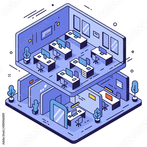 Isometric open office design with desks and computers in a modern workspace. No editable stroke