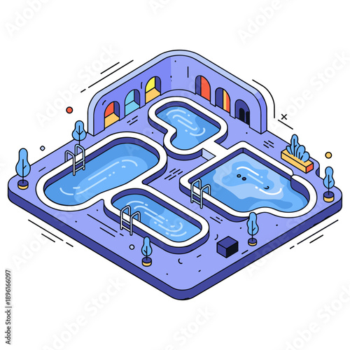 Colorful isometric pool complex with trees and arched entrances. No editable stroke