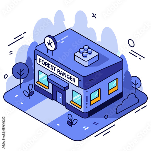 Isometric forest ranger station with modern design amidst trees. No editable stroke