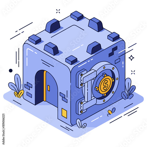 Isometric cartoon vault with lock and currency symbol in blue. No editable stroke