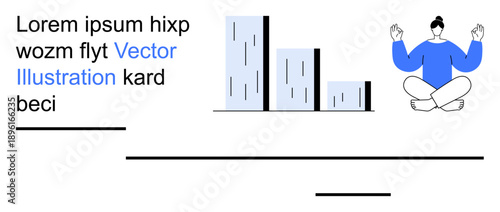 Business strategy, workplace mindfulness, productivity, data analysis, stress management, relaxation. Bar graph and meditating figure. Business strategy and workplace mindfulness concept