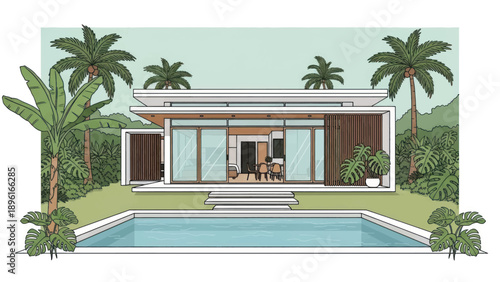 Sunlit modern villa by a turquoise pool surrounded by palm trees.