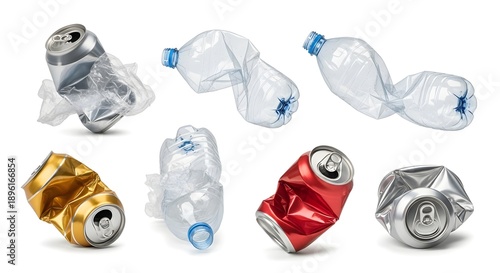Assortment of various crumpled beverage cans and empty plastic water bottles isolated on a clean white background representing discarded consumer waste and recycling concepts