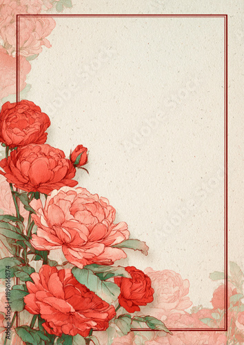 Elegant Pastel Red Rose Vintage Border with Festive Chinese New Year Details