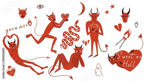Cute Valentine Devil Characters and Love Elements Isolated on White