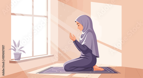 Muslim Woman Praying at Home in Soft Sunlight