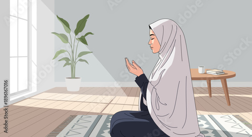 Muslim Woman Praying at Home in Sunlight