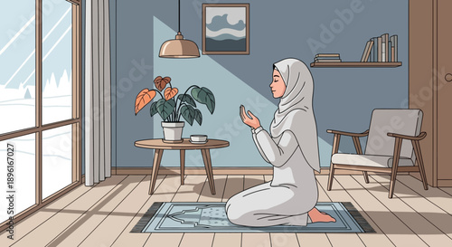 Muslim Woman Praying at Home in Winter